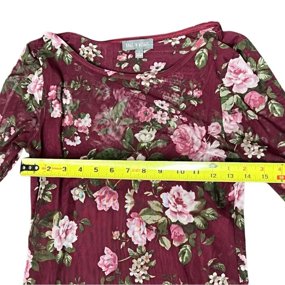 Rags to Wishes Women’s Plum Floral Print Short Sleeve Dress w/ Sheer Overlay - Picture 5 of 7